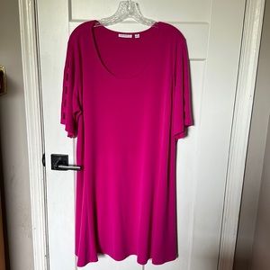 Susan Graver Liquid Knit Petite Dress w/Banded Split Elbow Sleeves Fuschia